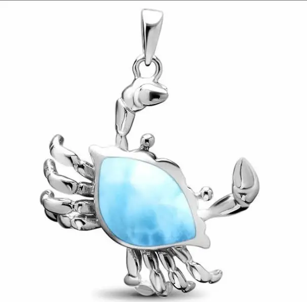 Sea Life Animal 925 Sterling Silver Natural Dominica Larimar Crab Pendant Necklace For Women Gift