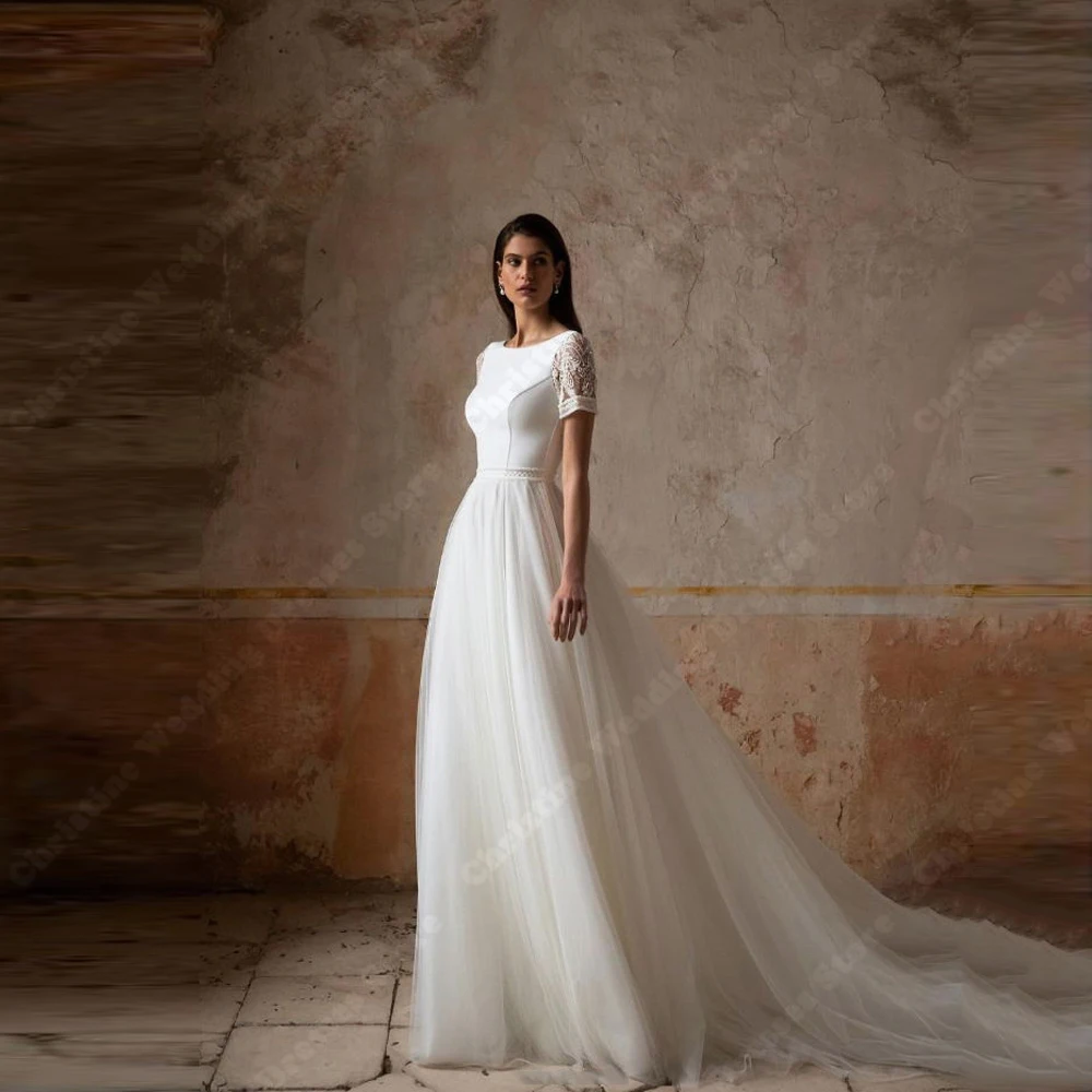 Elegante Rundhals-Hochzeitskleider für Frauen, sexy A-Linie, Tüll, Brautkleider, Wischlänge, Prinzessin, Bankett, Vestidos de Novias 2025