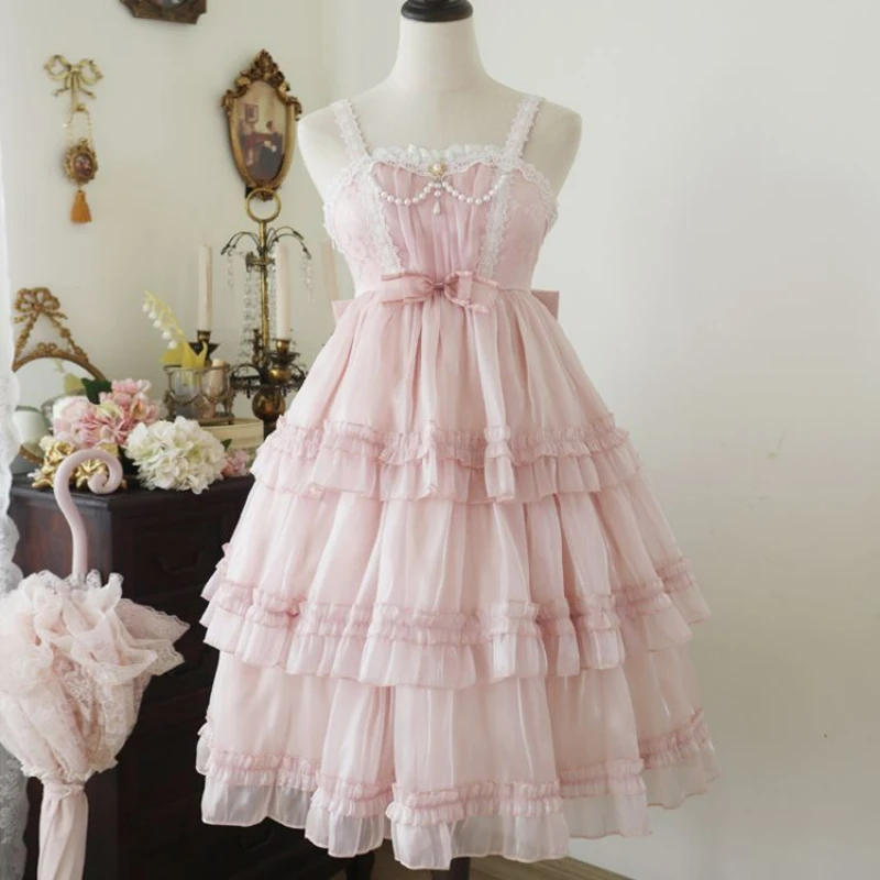 

Japanese Kawaii Lolita Style Jsk Dress Women Vintage Elegant Pearl Lace Mesh Party Mini Dresses Gothic Y2k Pink Princess Dresses