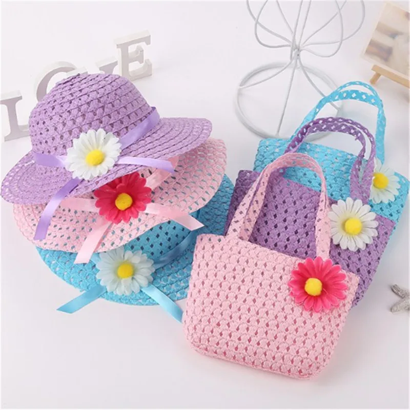 Kids Girls Large Wide Brim Straw Woven Sun Protection Beach Hat Colorful Pompom Ball Summer Floppy Bucket Cap Portable Handbag