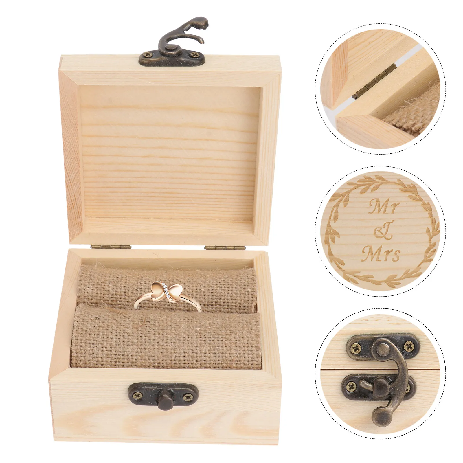 Wooden Rustic Wedding Ring Box Mr Mrs Engraved Vintage Chic Ring Holder Engagement Proposal Jewelry Storage Box