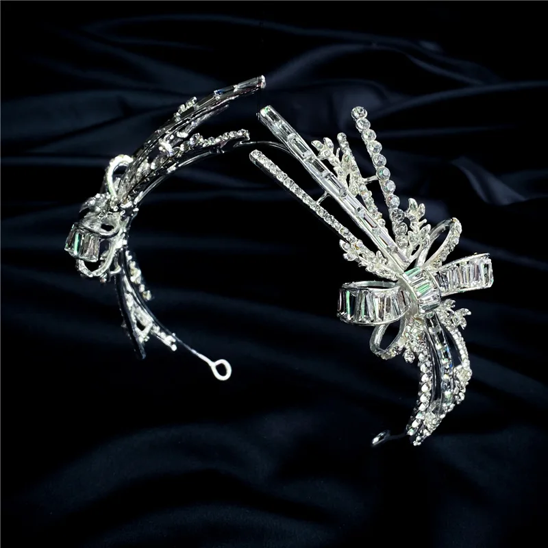 Baroque Crystal Bowknot Crown Bridal Headpiece Silver Color Rhinestone Diadem Queen Princess Tiaras Wedding Hair Jewelry