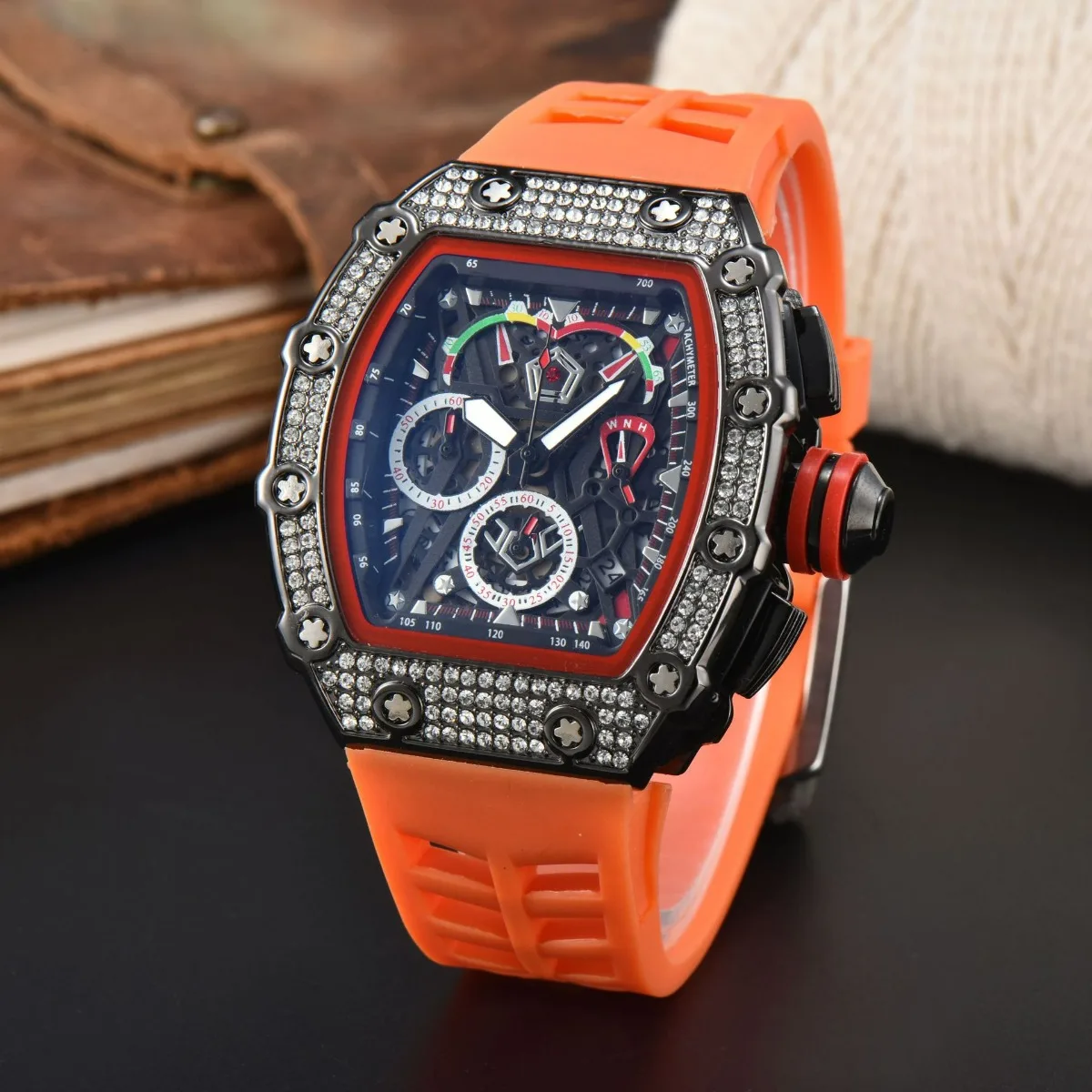 

Quartz watch full diamond wine barrel type dial business luminous multi-functional quartz men's watch