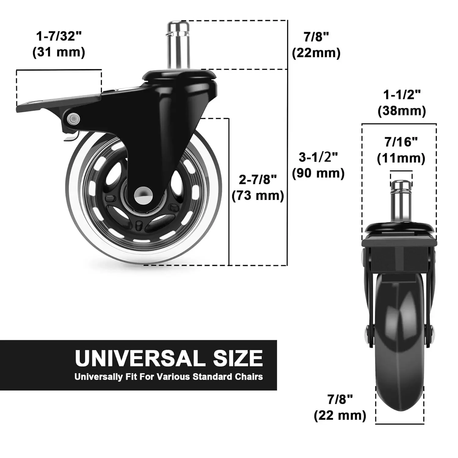 Imagem -03 - Cadeira de Escritório Rodízio Rodas com Freio Heavy Duty Rolling Seguro para Todos os Pisos Universal Standard Stem Size Conjunto de 3