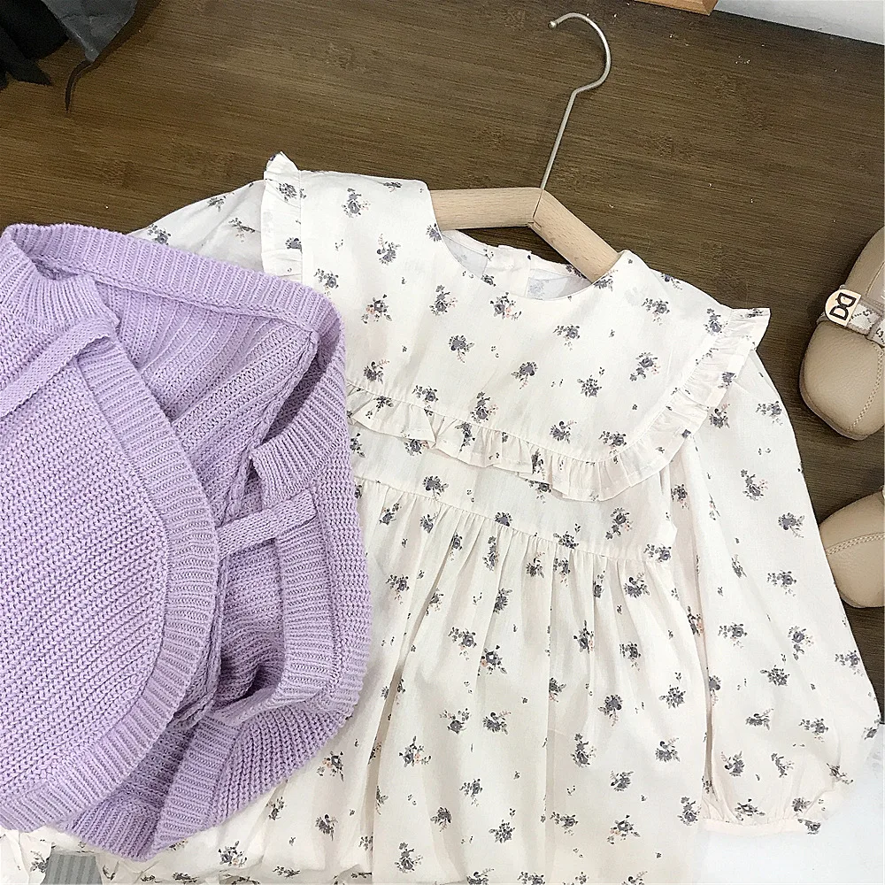 

Children's Clothing Spring and Autumn New Girls Lapel Floral Long-sleeved Dress Sweater Jacket
