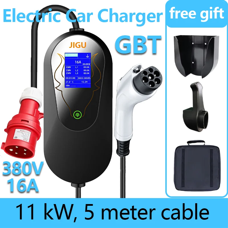JIGU Portable GBT EV Charger 11KW 16A 3-Phase GBT Car Charger EVSE Charging Box CEE Plug for Electric Vehicle 380V
