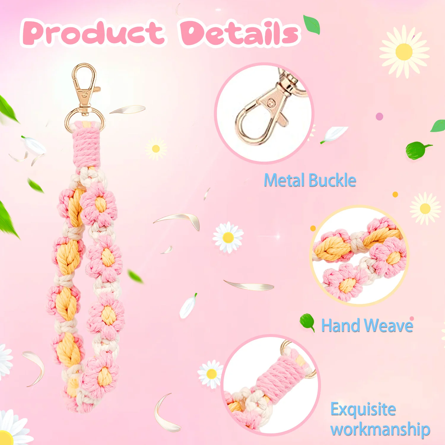 Boho Daisy Flower Wristlet Keyring,3In 1Keychain,Pink Macrame Keychain Wristlet/Daisy Weave Bracelet / Boho Keychain Holder image 4