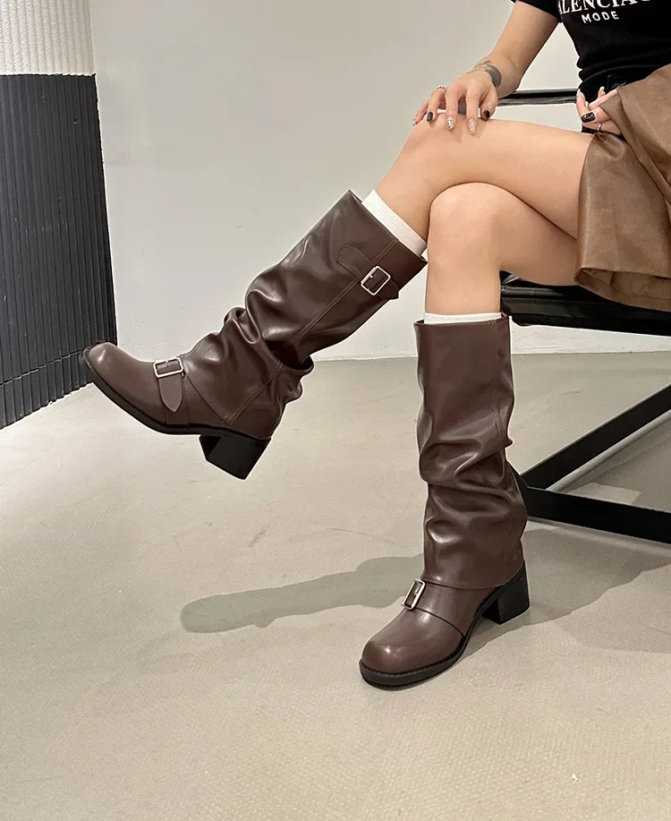 Comemore Autumn Women Biker Boots Fashion Belt Buckle Ladies Elegant Platform Long Pipe Booties Casual Women\'s Knee High Boots