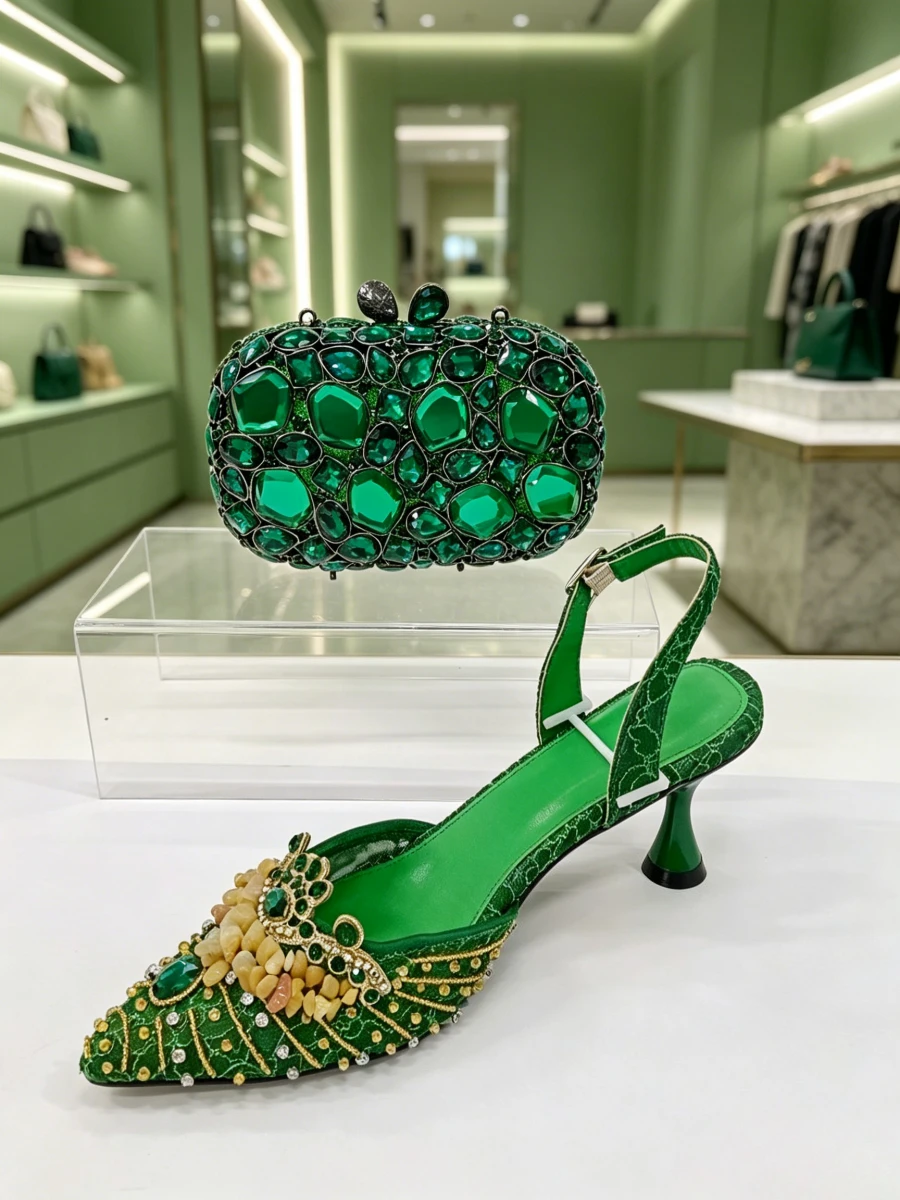 Zapatos de Tacón con Borlas y Cristales Esmeralda Vintage Verde Oscuro y Bolso de Mano Cuadrado de Cristal Esmeralda Grande, Zapatos de Fiesta de Lujo para Mujer, Tacchi Donna