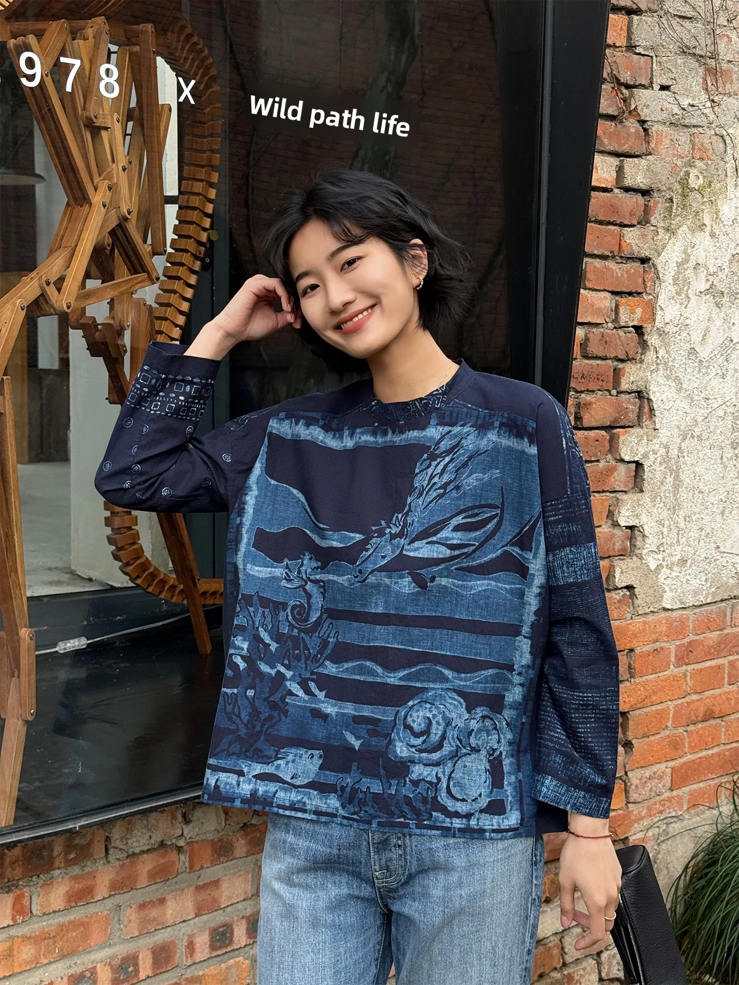

Blue Loose Pure Cotton Printed Casual Long Sleeve Women's Top Spring 2026 New Design Sensation Casual Style round Neck Shirt