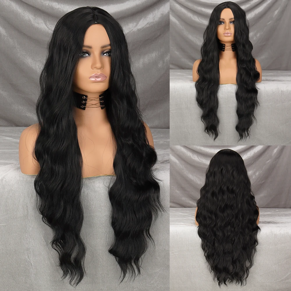 WERD Long Wavy Black Synthetic Wig Women\'s Heat-Resistant Natural Half Part Cosplay Party Lolita Wig