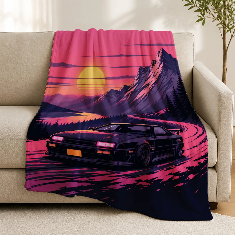 Retro Synthwave Car Throw Blanket Neon Aesthetic 80s Vaporwave Sunset Mountains Couch Decor Fuzzy Fleece Throw for Living Room