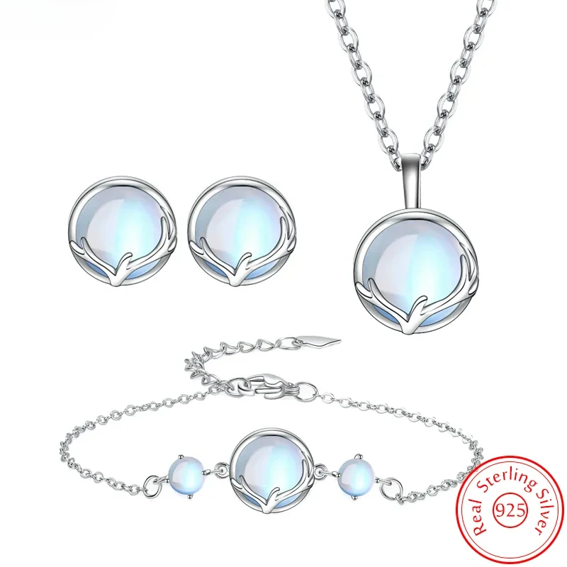 Solid 925 Sterling Silver Earrings Antler Bracelets Opal Pendant Necklace Vintage Jewelry Sets For Women New FQL22224