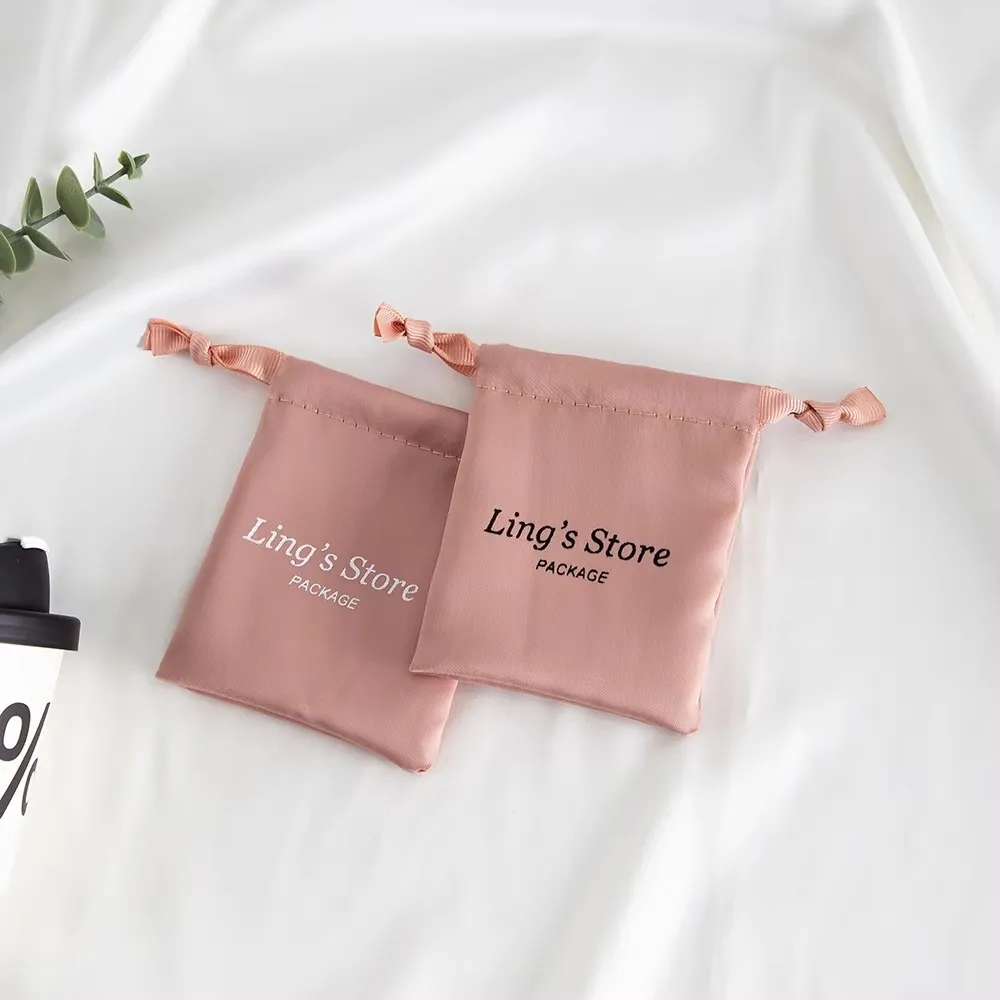 100pcs Coral Pink Jewelry High Dense Silk Drawstring Bag Smooth Packaging Storage Supporting Customized Cosmetic Necklace Pouch