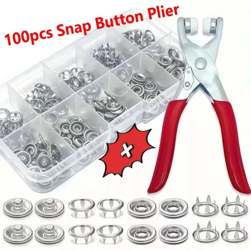 Applicator Pliers With 100: Metal Snap Buttons Complete Kit Clothing Sewing Crafts