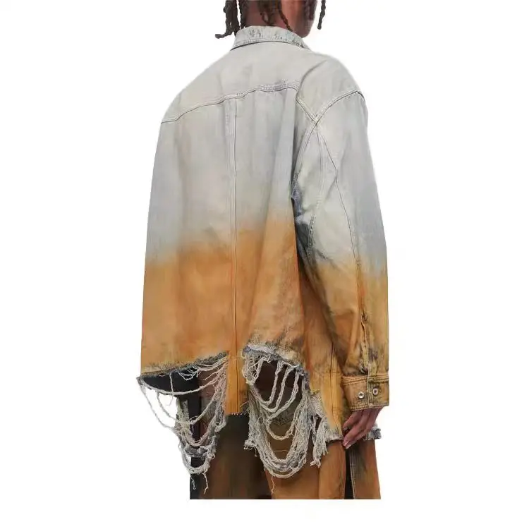 High Street Dark Ro Denim Jacket Mens Gradient Imitation Old Jacket Color Blocking Design That Destroys Denim Shirt Jacket