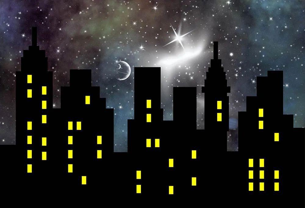 Superhero Super City Photography Backdrops Skyline Buildings City Boom Full Moon Bat Photo Background Children Birthday Party