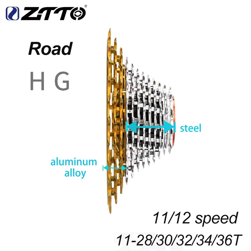 

ZTTO Ultralight Road Bike HG Cassette 11S 12S 11-28/30/32/34/36T Sprocket 115g~149g 11/12 Speed Gold-silver Gravel K7 SLR3