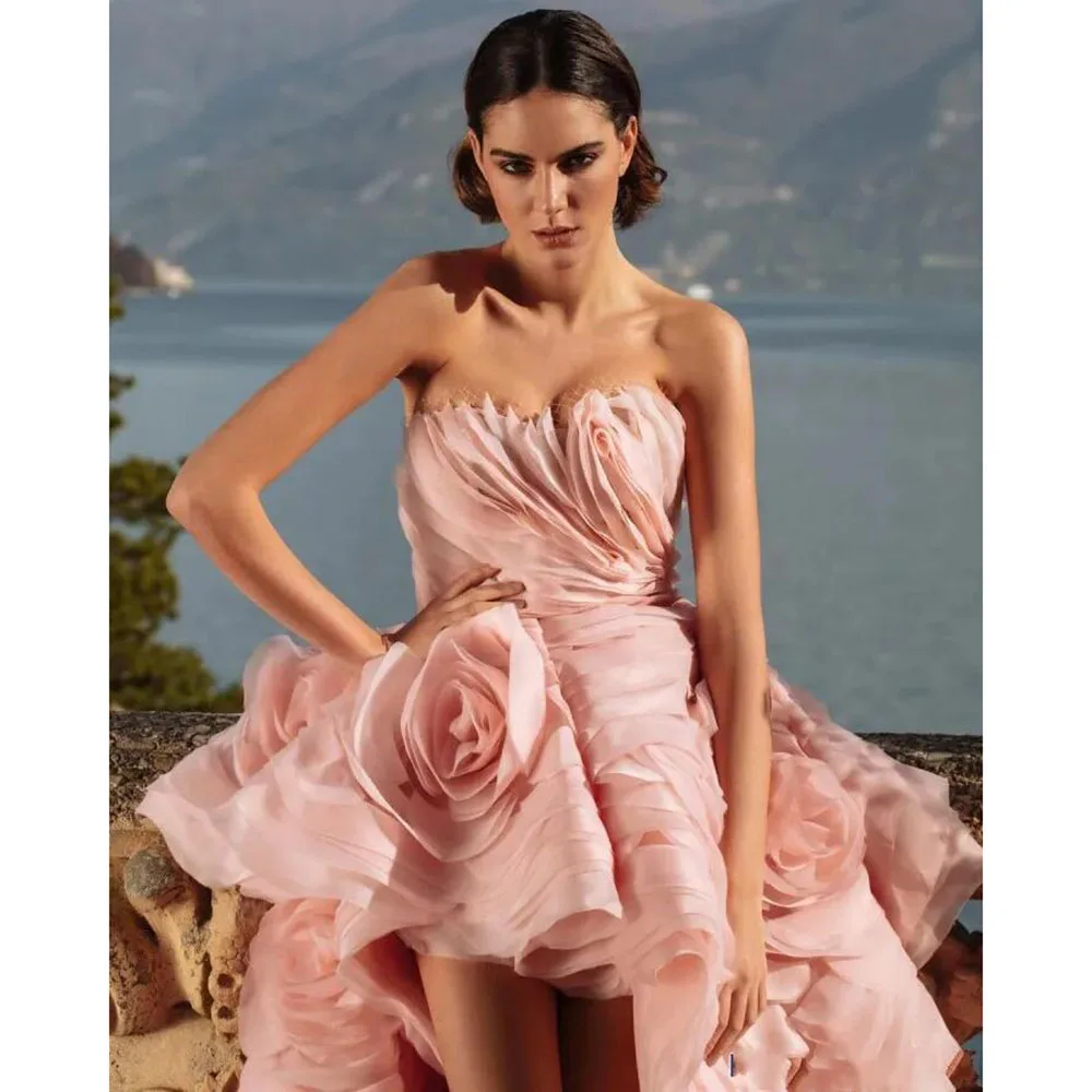 Unique Blush Pink 3D Flower High Low Evening Gowns Ruched Flower Long Formal Party Dresses Pretty Bridal Dress