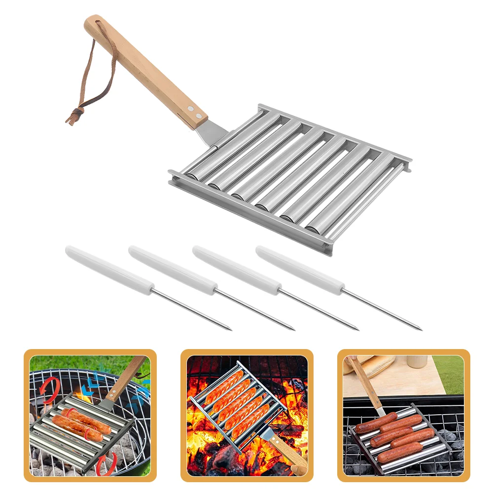 Stainless Steel Hot Dog Sausage Grill Rack Detachable Rolling BBQ Set 4 Skewers Outdoor Camping Barbecue Tools Easy