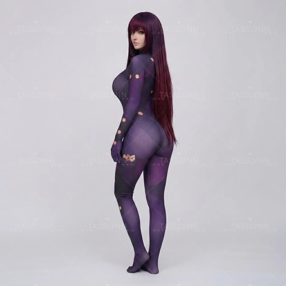 Scathach Cosplay Zentai Bodysuit Purple Black Dot Strap Full Jumpsuit Anime Halloween Costume Women Anime Scathach Cos Outfit, view 5