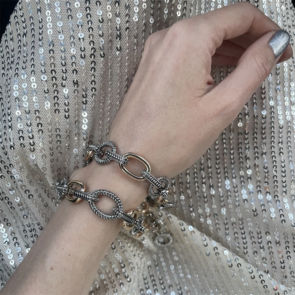 

Vintage Bohemia Antique Rhodium and Gold Color Mixted T bar Obar Enclosure Bracelet For Women Vintage Elegant Classic Decoration