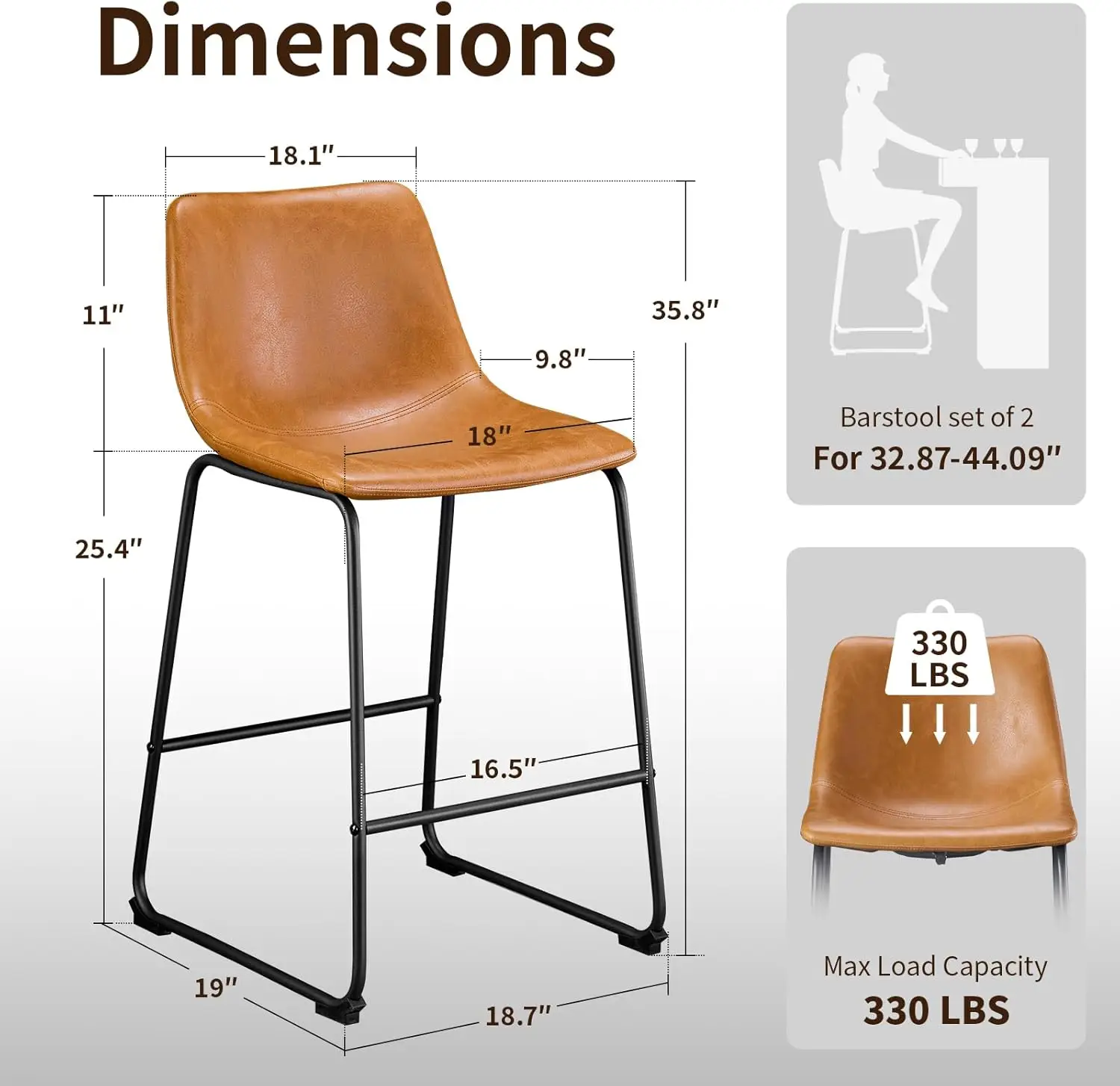 26 Inch Bar Stools Set of 4, Modern Crazy Horse Leather Counter Stools with Back, Whiskey Brown