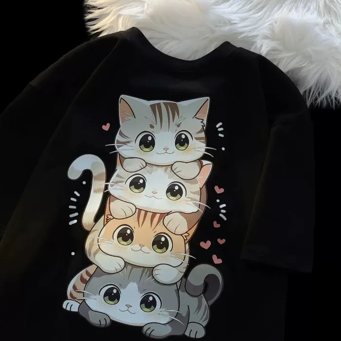 Camiseta con estampado de gato de dibujos animados para mujer, camiseta de manga corta con cuello redondo, camiseta informal holgada versátil de