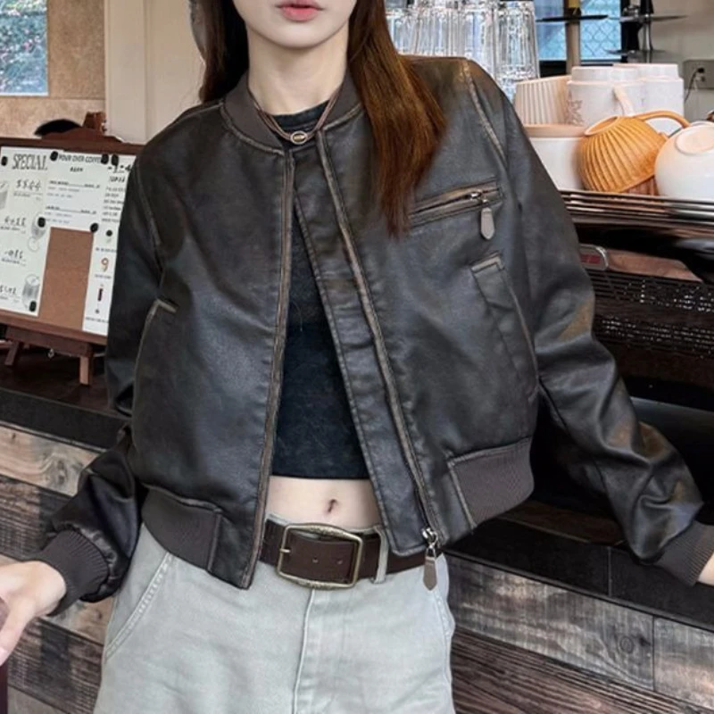 

Hand Painted Short Motorcycle Leather Jacket Women's New Retro Jacket Versatile Top