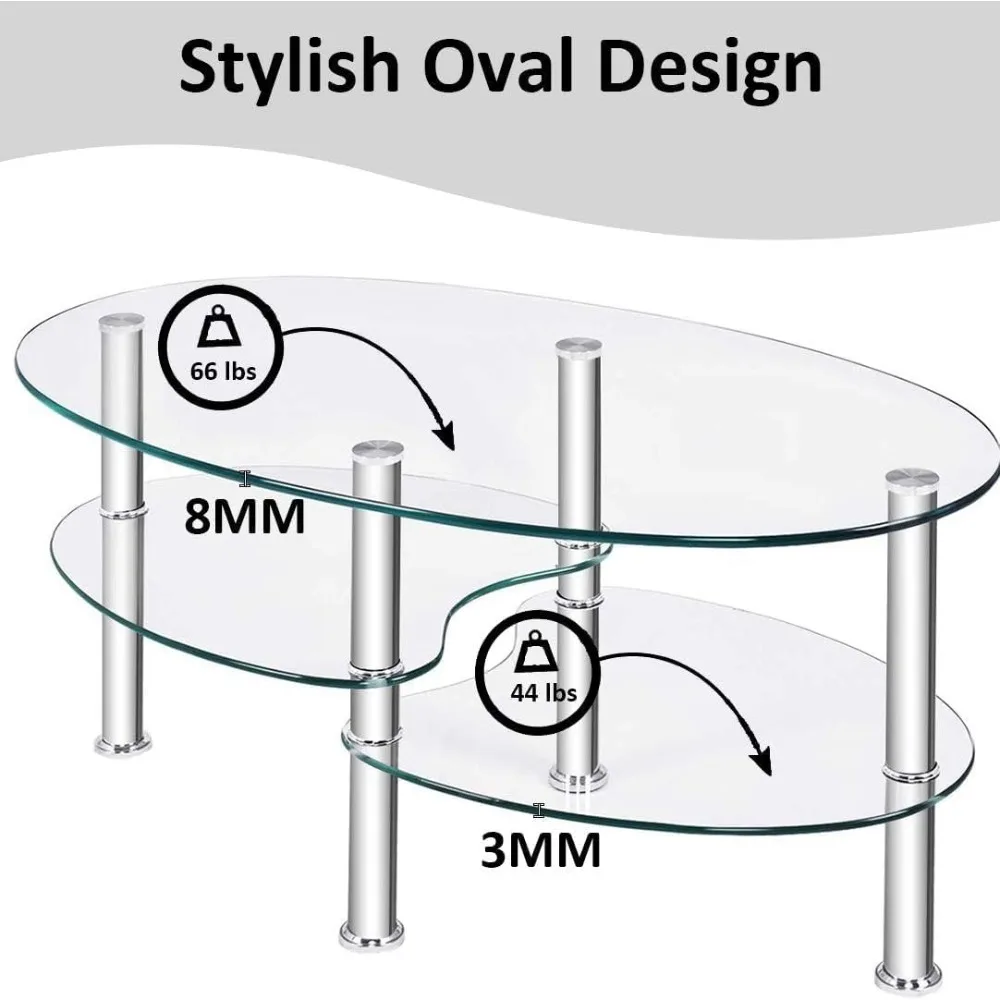Oval Glass Coffee Table Glass Tabletop Cocktail Table with Silver Wood Legs, 3 Tier Storage Shelf Modern Tea Coffee Table Side