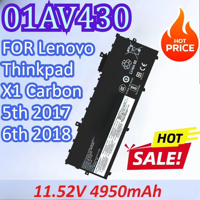

New 01AV430 11.52V 4950mAh Laptop Battery FOR Lenovo Thinkpad X1 Carbon 5th 2017 6th 2018 Series Rechargeable Battery