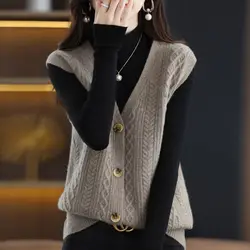 Spring and Autumn New V-neck Pure Knitted Cardigan Vest Women's Fashion Simple Loose Sleeveless Sweater Vest Kam Shoulder Coat