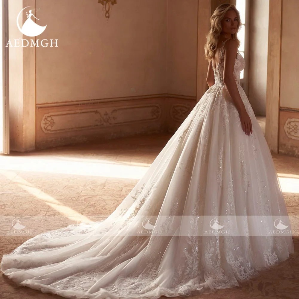 Aedmgh A-Line vestidos De Novia elegantes festoneados sin mangas Vestido De Novia bordado De encaje Vintage Vestido De Novia hecho a medida