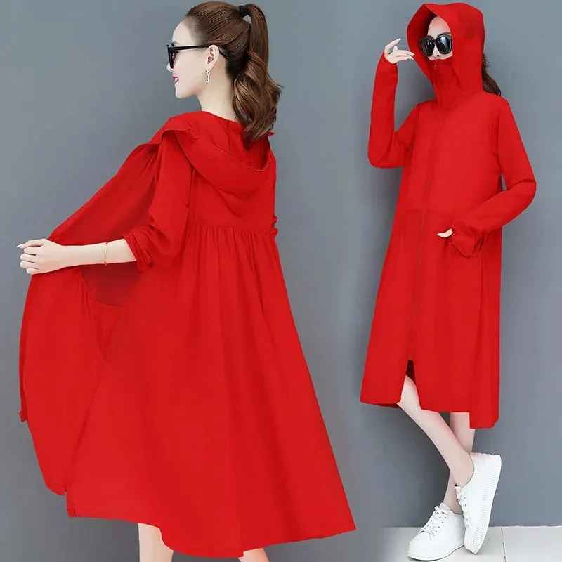 Summer Women\'s Sunscreen Clothing 2023 New Long-Sleeved Korean Thin Breathable Ice Silk Fashion Long Hooded Sun-Protective Coats