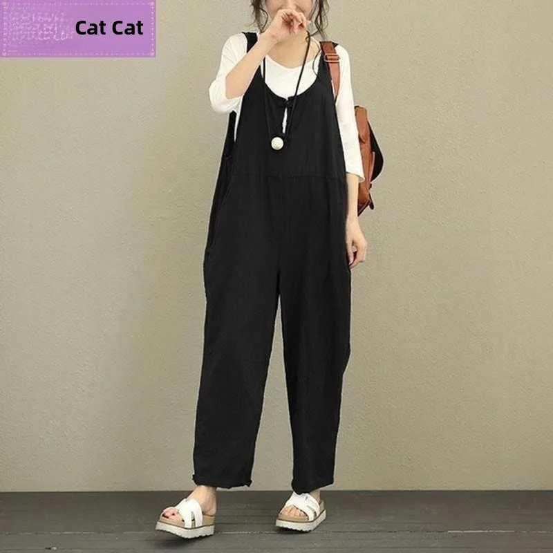 

Женский летний льняной комбинезон больших размеров, длинные брюки, из тонированного тио-ацетатного волокна, модный и удобный