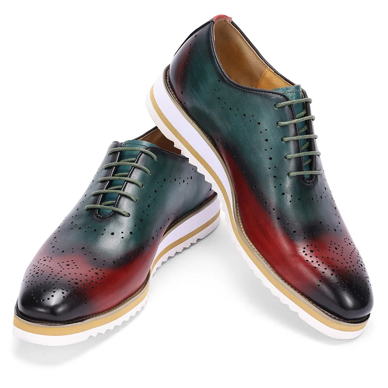 Luxury Men's Dress Shoes Genuine Leather Brogue Wingtip Toe Oxford Mixed Color Lace-Up Business Wedding Formal Men Shoes