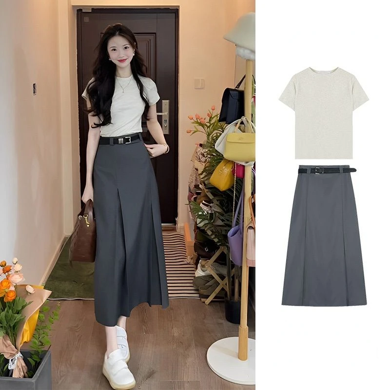 

Summer Fashion Career Two-piece Suit Female Gray T-shirt+long Skirt Two-piece Suit Female