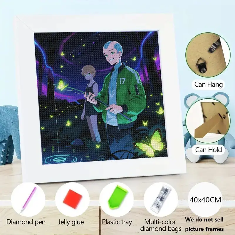

1 шт. 5D DIY Full Drill Diamond Painting Kit, аниме Fantasy Art, улыбающийся мальчик и девочка, ночная сцена с волшебными светящимися бабочками, Рейн