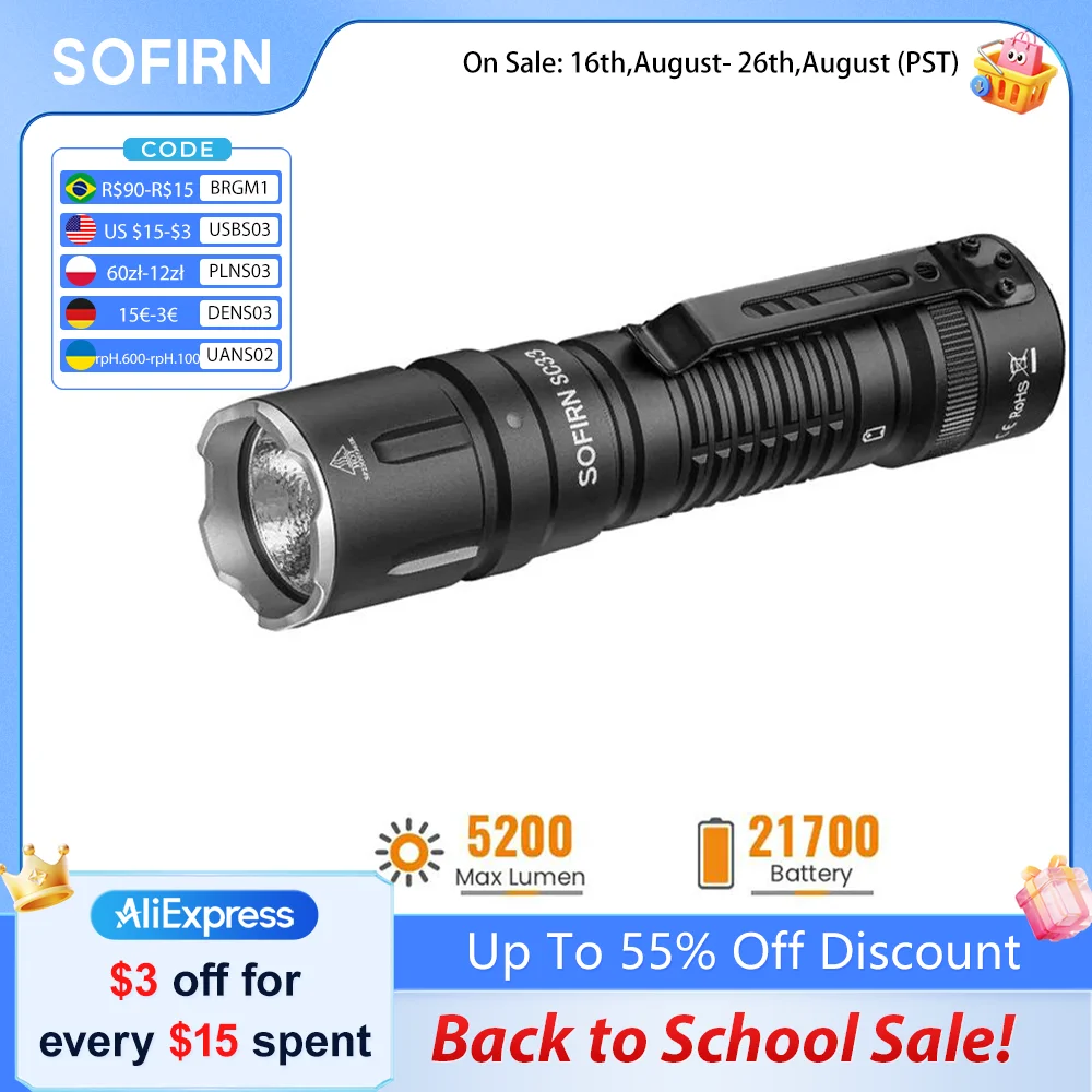 Lanterna Tática LED SOFIRN SC33 XHP70.3 HI 5200lm Potente, Recarregável Tipo C 21700, com Interruptor E, Luz para Uso Externo