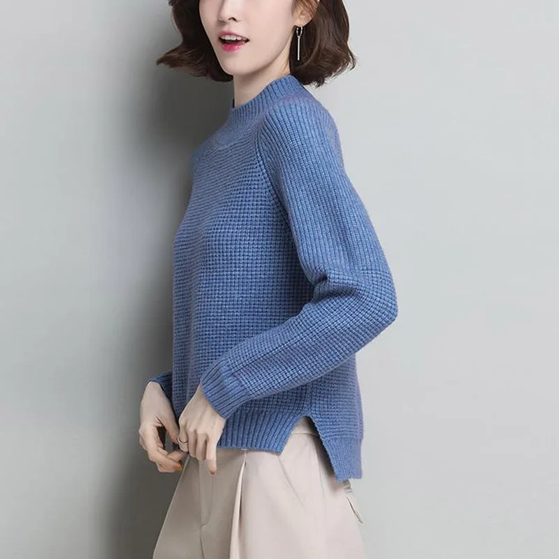 Women Autumn Winter Solid Color Plush and Thicken Sweaters New High-quality Long Sleeve Mock Neck Split Fork Knitting Bottoming