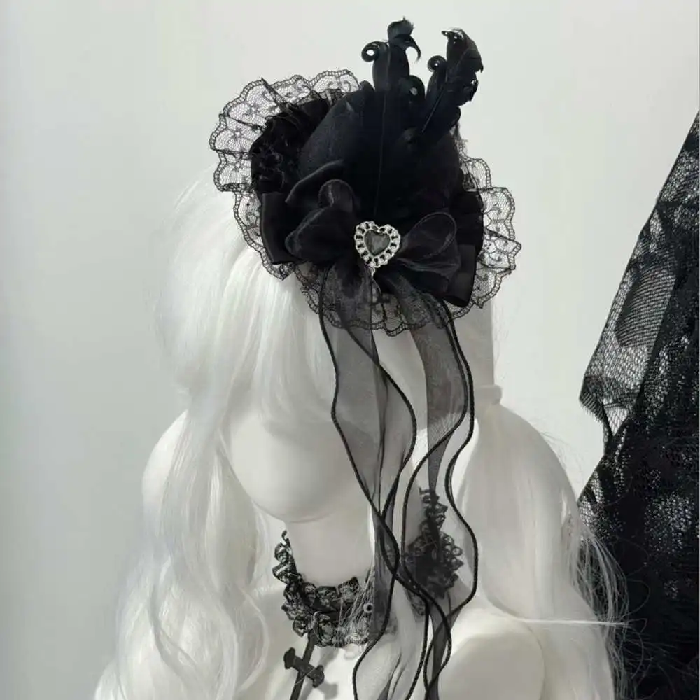 

Handmade Japanese Style Feather Rhinestone Lace Bow Mini Top Hat Hair Clips Kawaii Hair Clips for Girls Lolita Hair Accessories