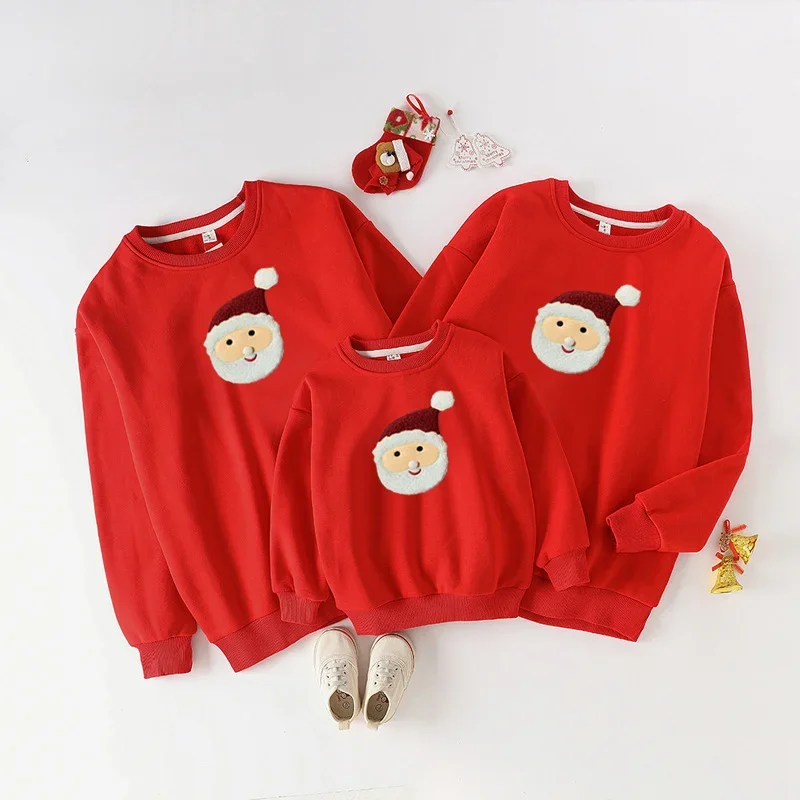 Christmas Family Matching Sweatshirts 2023 New Year Mom Dad And Son Daughter Red Winter Tops Children Santa Claus Face Clothes