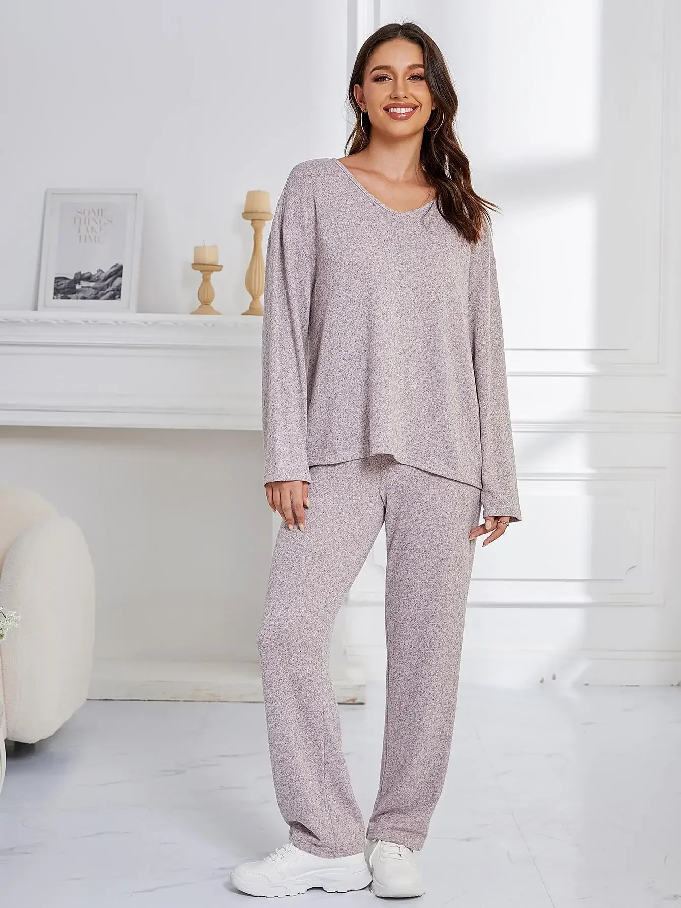 Solid Women Pajama Sets Long Sleeves V Neck Top & Full-Length Pants Female 2 Piece Sleepwear Nightwear Atumn Spring Fall Homwear