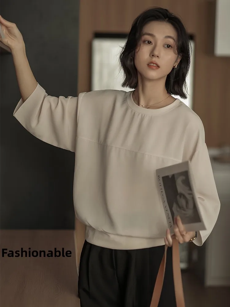 

Artistic Korean Sle Women's Loose Fit round Ne irts Spring 2026 Slimming Belly Covering Chiffon Tops Breathable Skin-Fr...