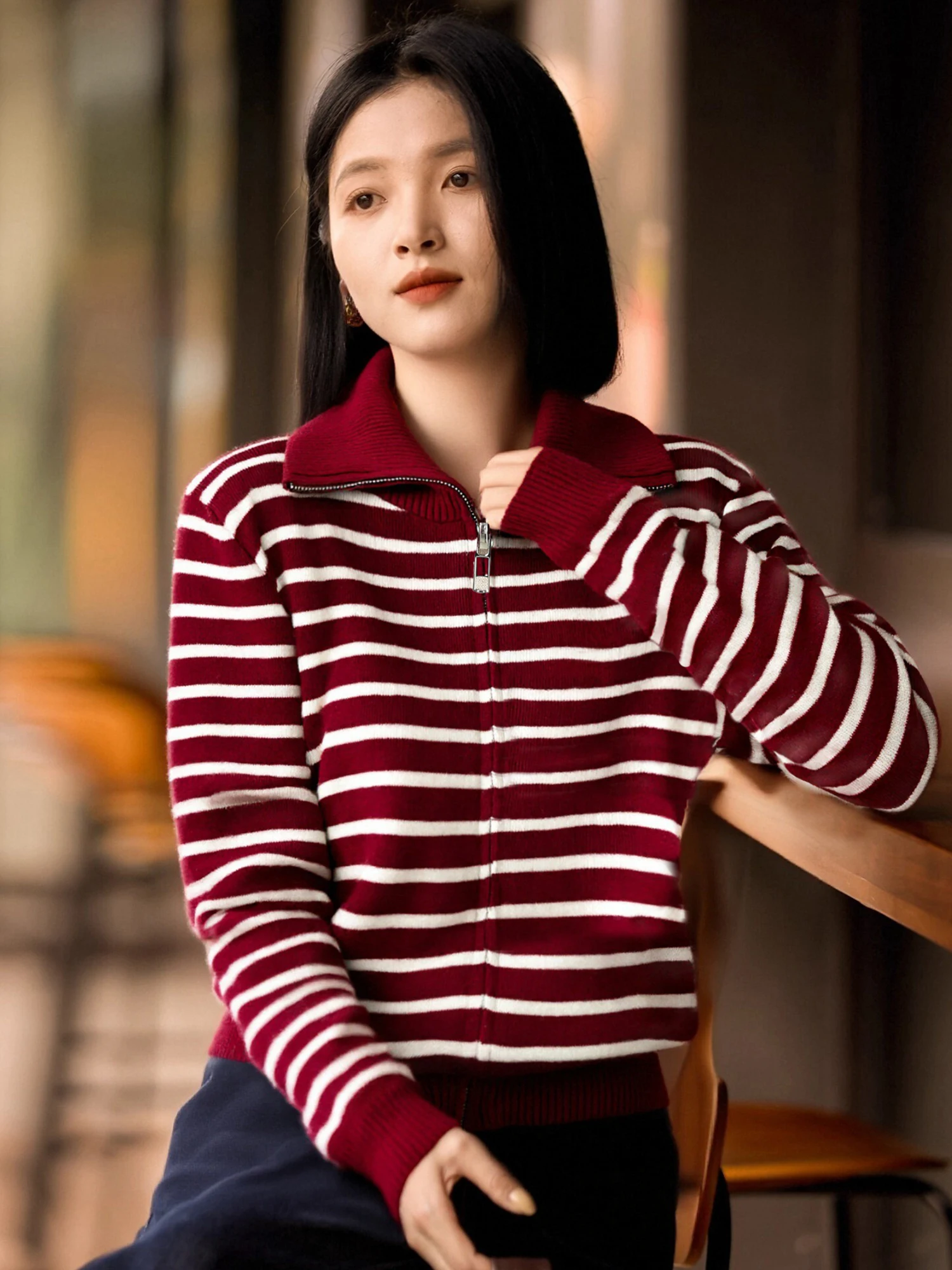 

Chivirin Vintage Knitted Woolen Cardigan Zipper Collar Red Stripe Color Blo Women's Spring Autumn Outerwear Warm Regular Fit