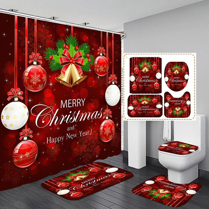 Red Christmas Shower Curtain Set with Hooks Waterproof Shower Curtain Toilet Cover Mat Non Slip Rug For New Year Bathroom Decor