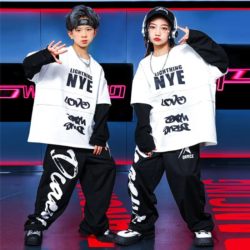 

Hip Hop Dance Kid Clothes Street Dance Stage Costume Children Jazz Streetwear Dancewear Black And White Oversize Tops Pants