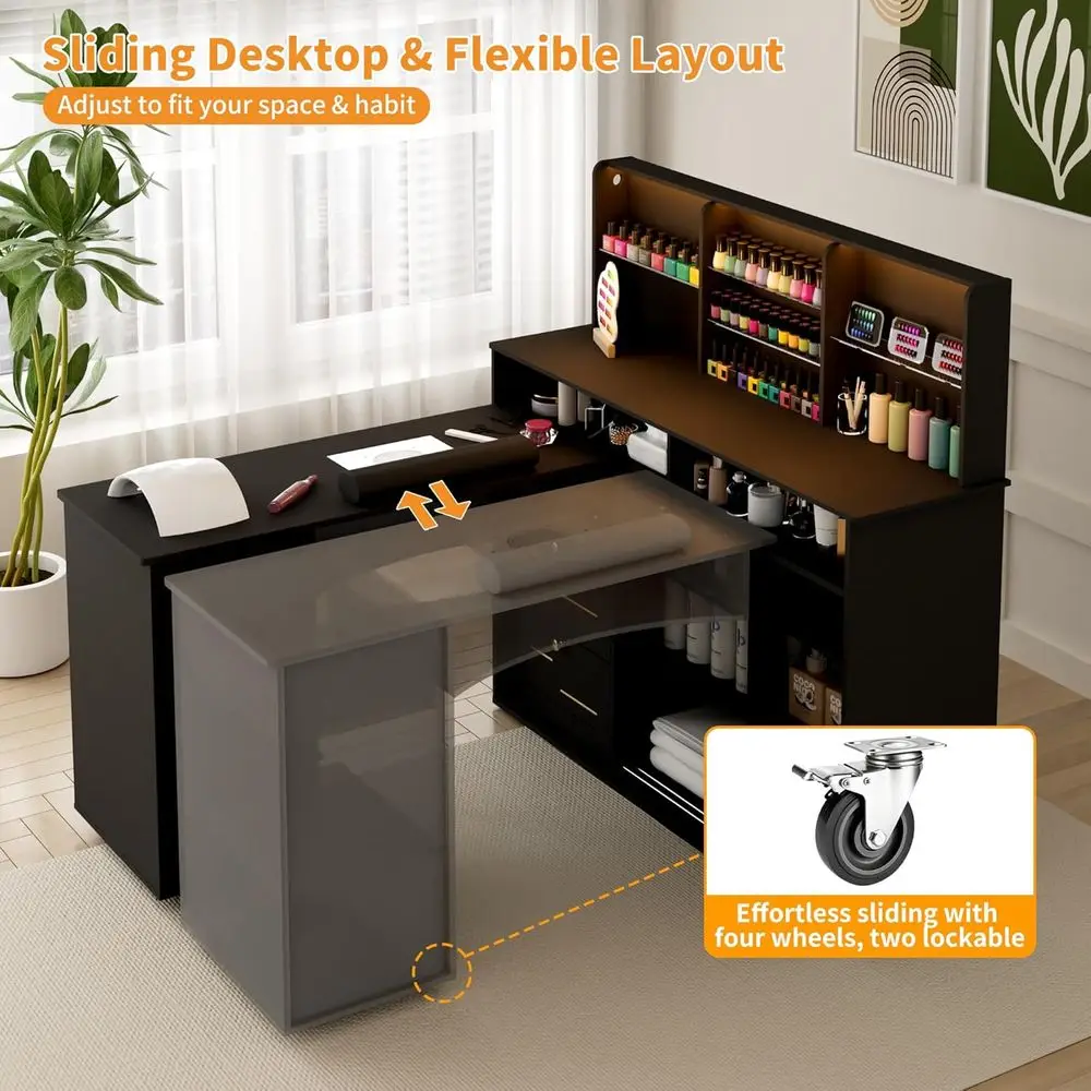 Manicure Table with Dust Collector, L-Shaped Nail Desk with Mobile Desktop, LED Light, Glass Display Rack, Storage Cabiand Ders view 4