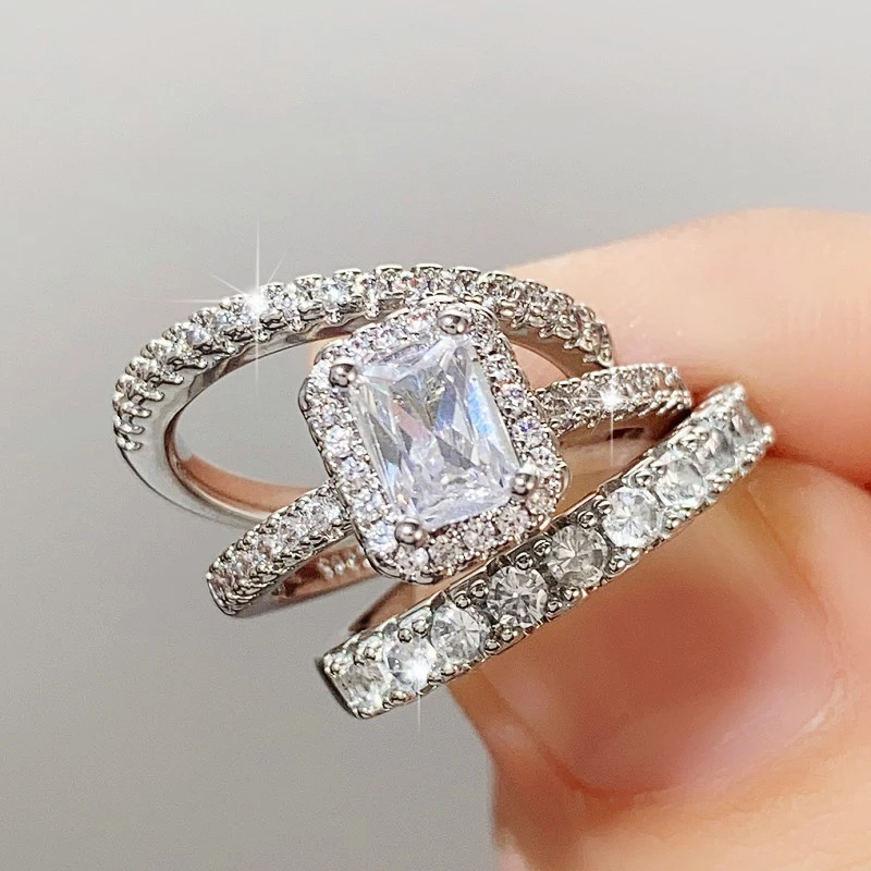 Huitan Modern Fashion Geometric Square Cubic Zirconia 3Pcs Set Women Rings 2023 New Trendy Wedding Party Rings Luxury Jewelry
