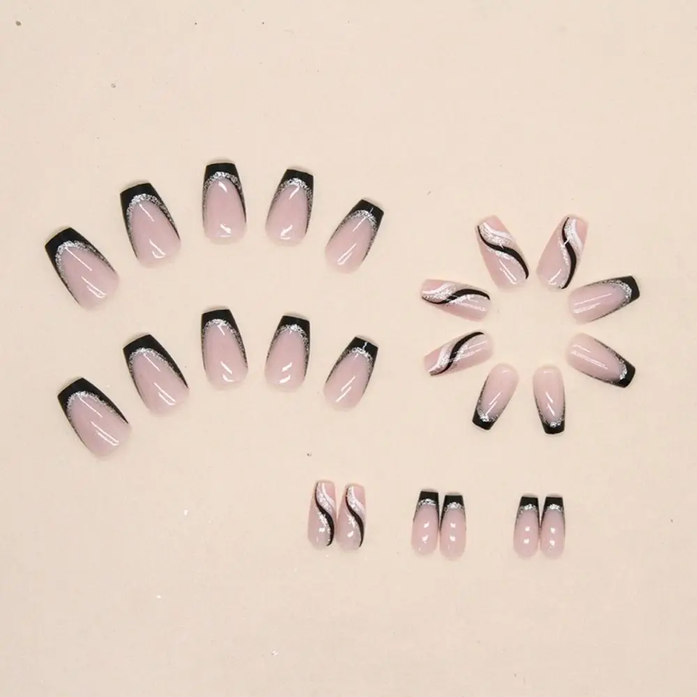 24 Uds puntas de uñas manicura cubierta completa prensa en uñas amor corazón uñas postizas bailarina brillo negro plata corto francés